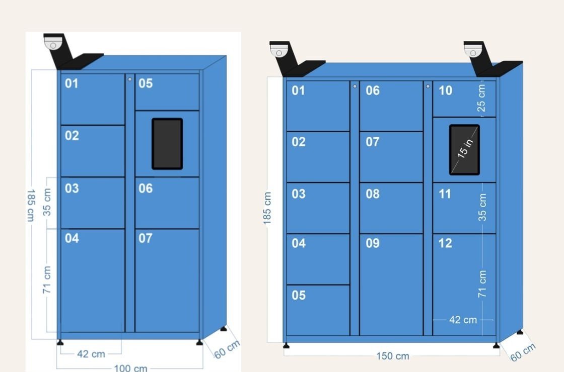 Gambar dimensi unit Standar 100 × 60 × 185 cm dan Premium 150 × 60 × 185 cm.